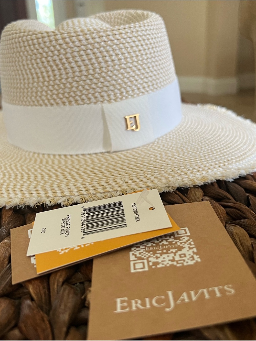 Eric Javits Fringe Pinch White Straw Fedora - Picture 7 of 9